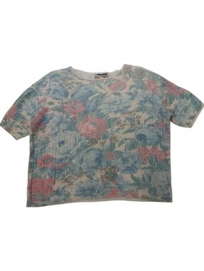 80s Floral Short Sleeve Knit Sweater by Carly Blake - Pastel Blue & Pink - L